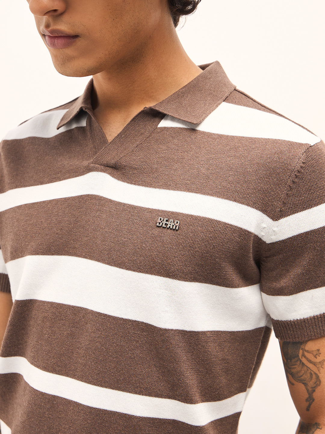 Men Brown and White Horizontal Stripes Slim Fit Polo