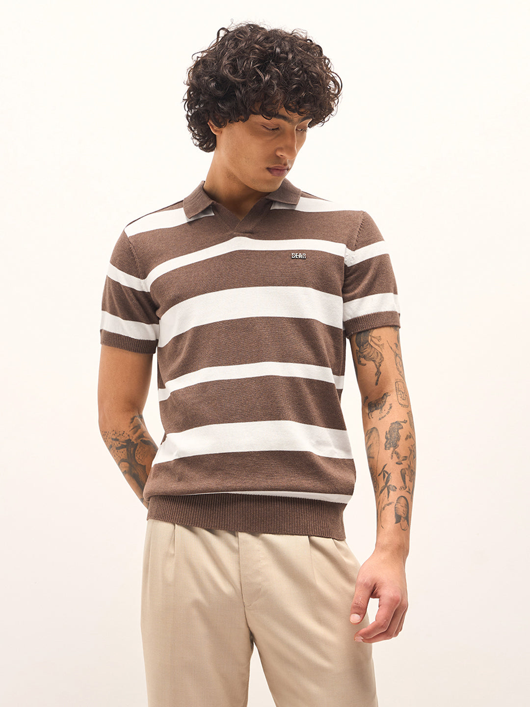 Men Brown and White Horizontal Stripes Slim Fit Polo