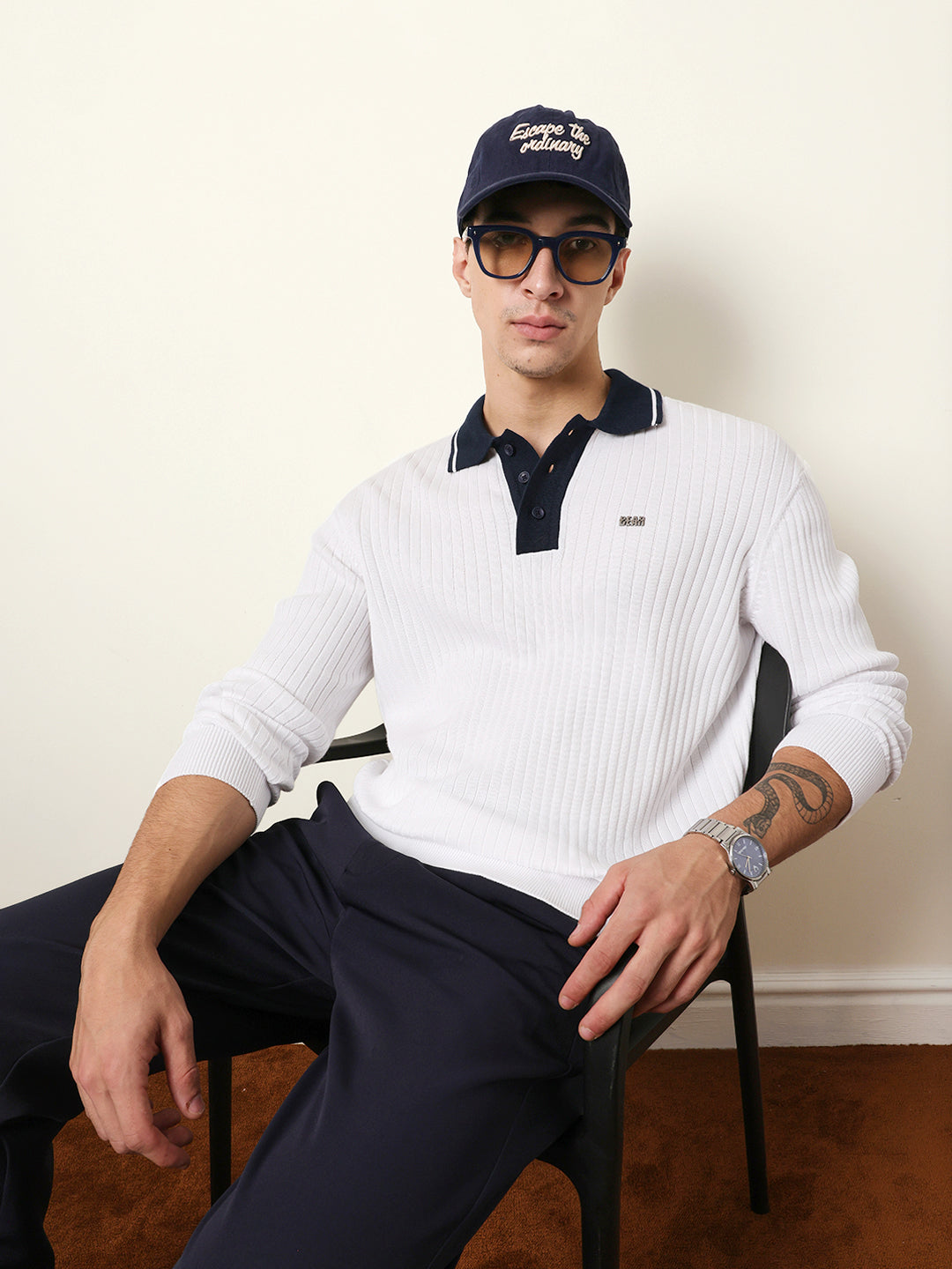 Men White Full Sleeve Polo T-Shirt