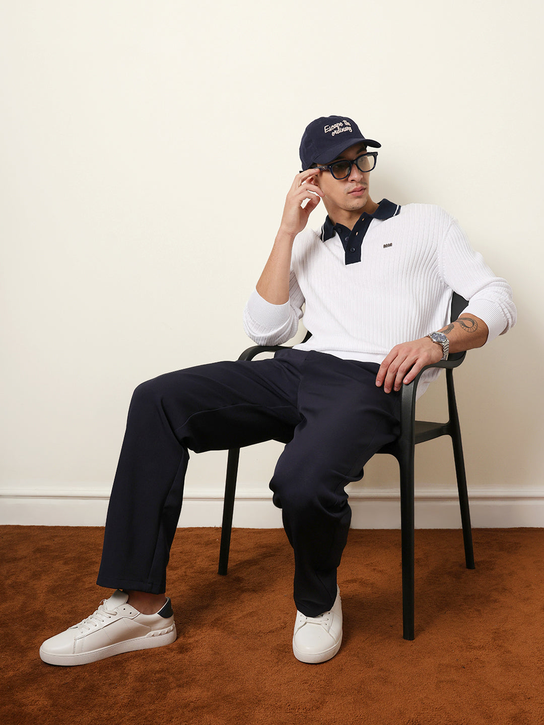 Men White Full Sleeve Polo T-Shirt