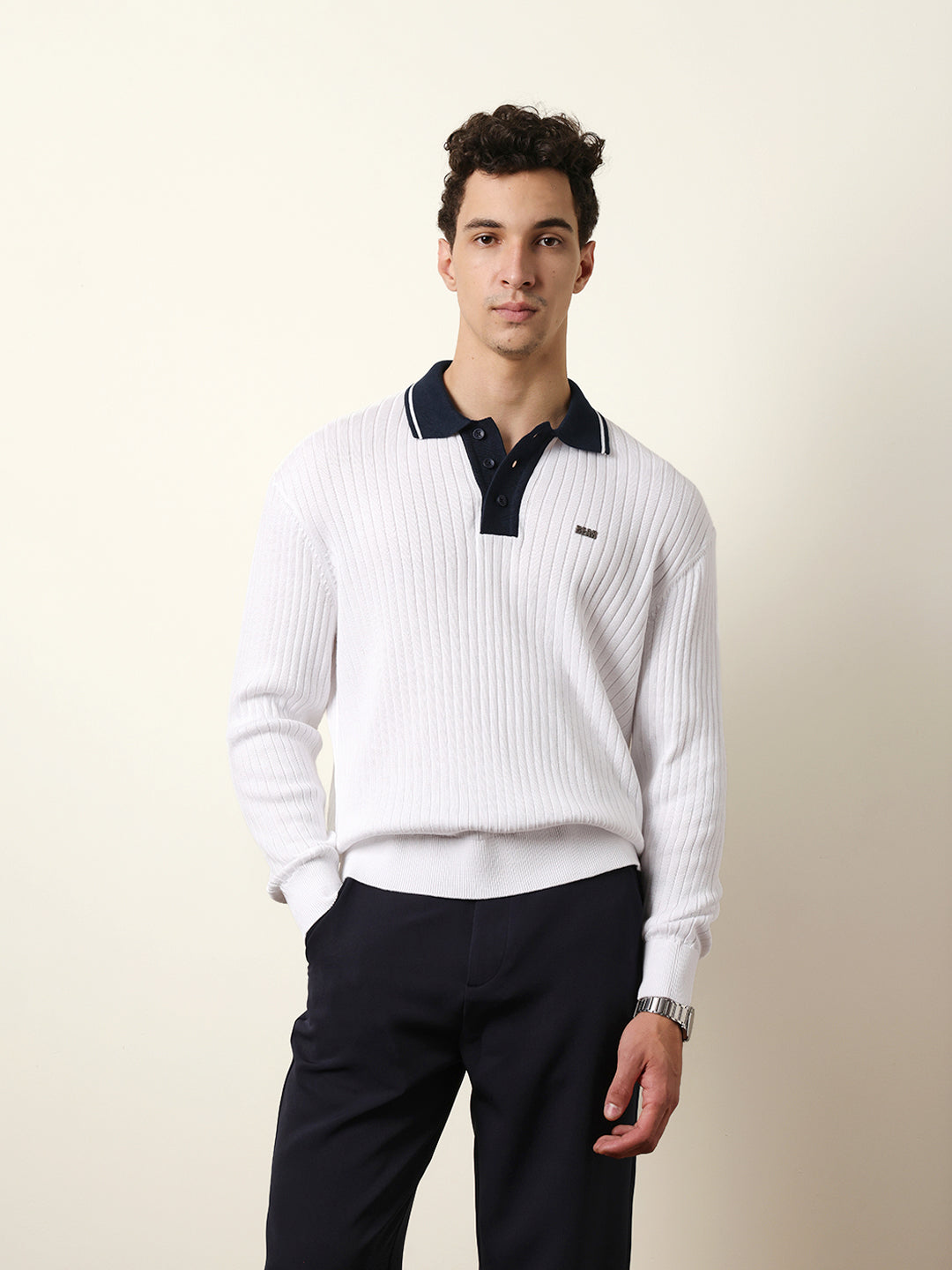Men White Full Sleeve Polo T-Shirt