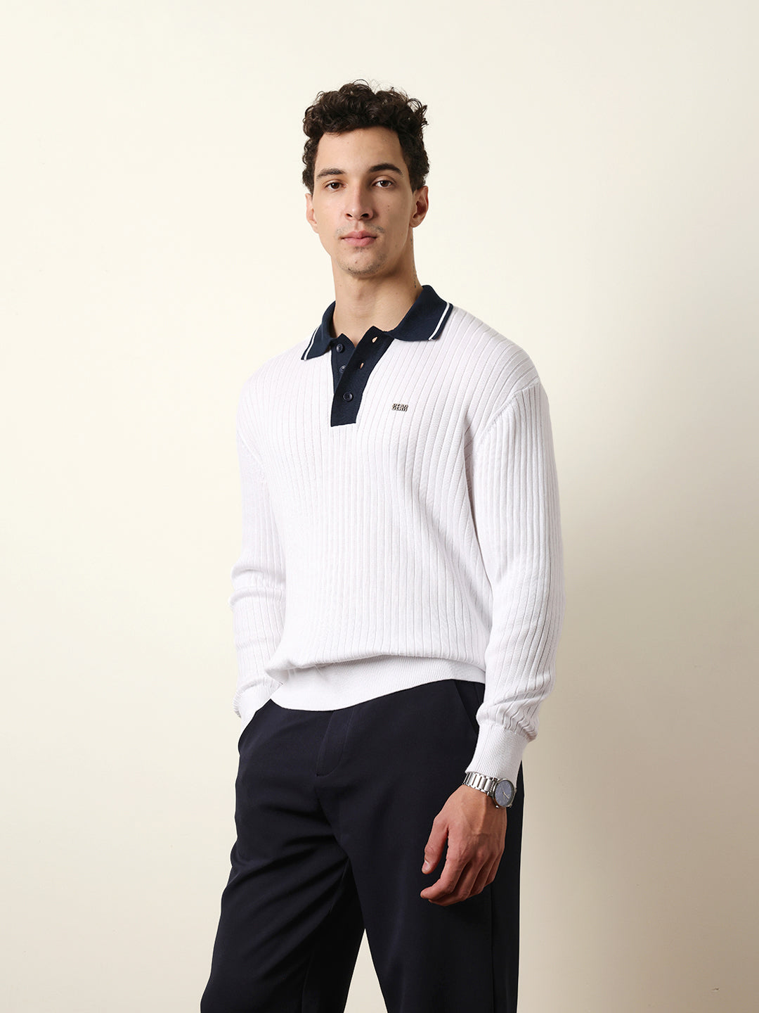 Men White Full Sleeve Polo T-Shirt