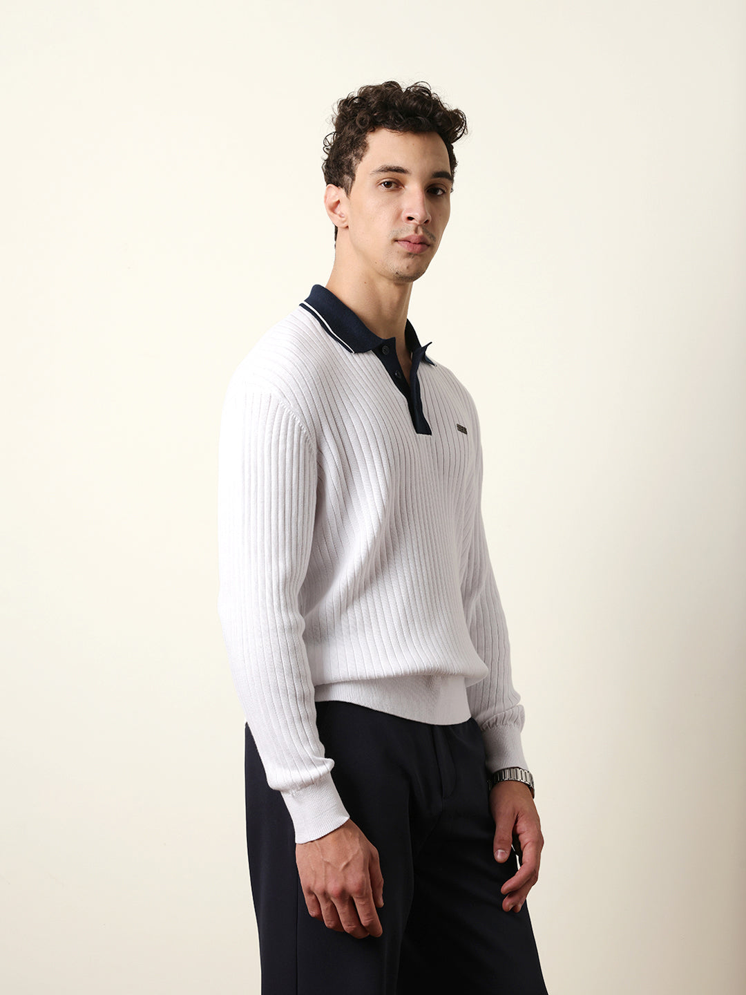 Men White Full Sleeve Polo T-Shirt