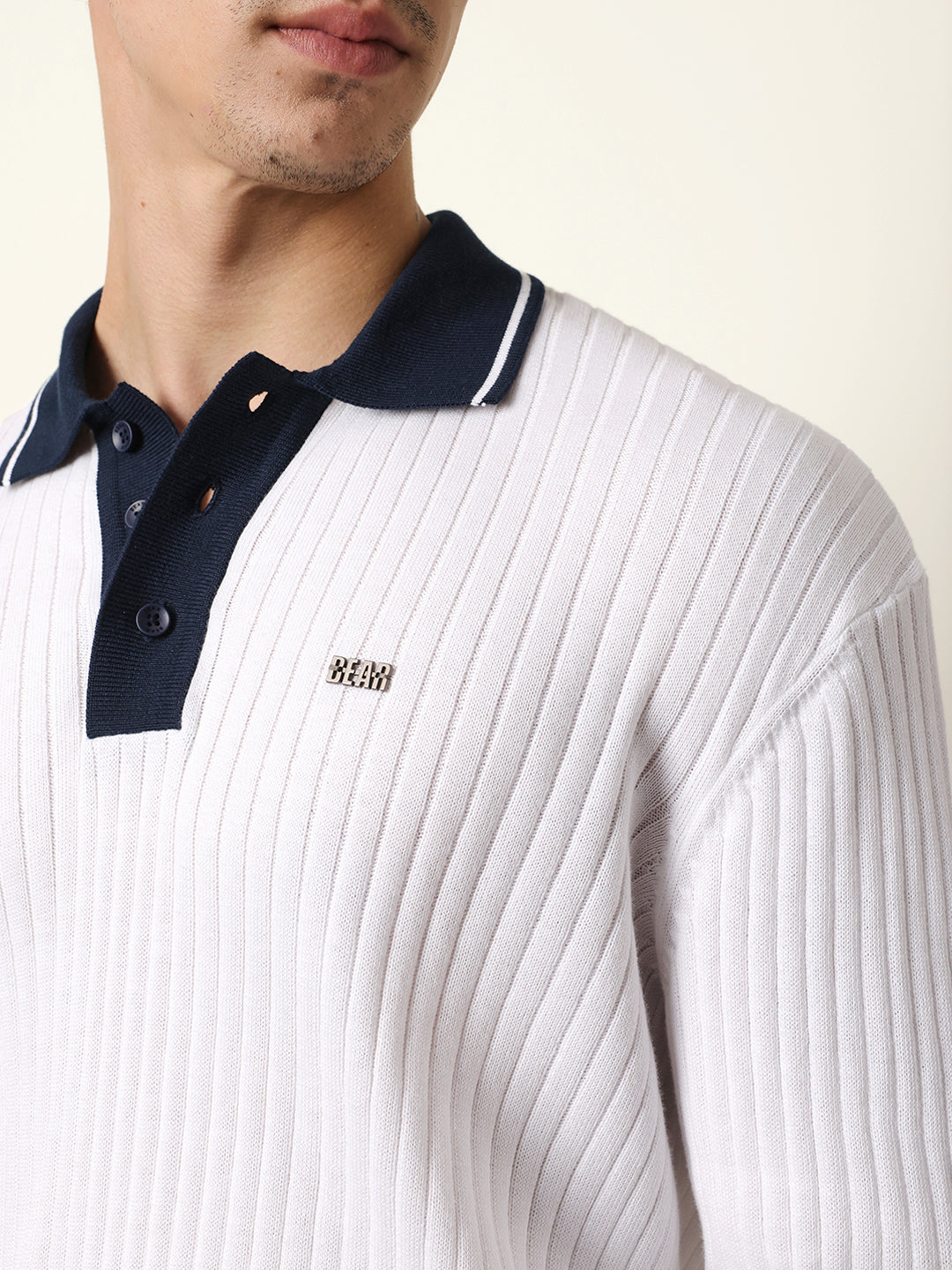 Men White Full Sleeve Polo T-Shirt