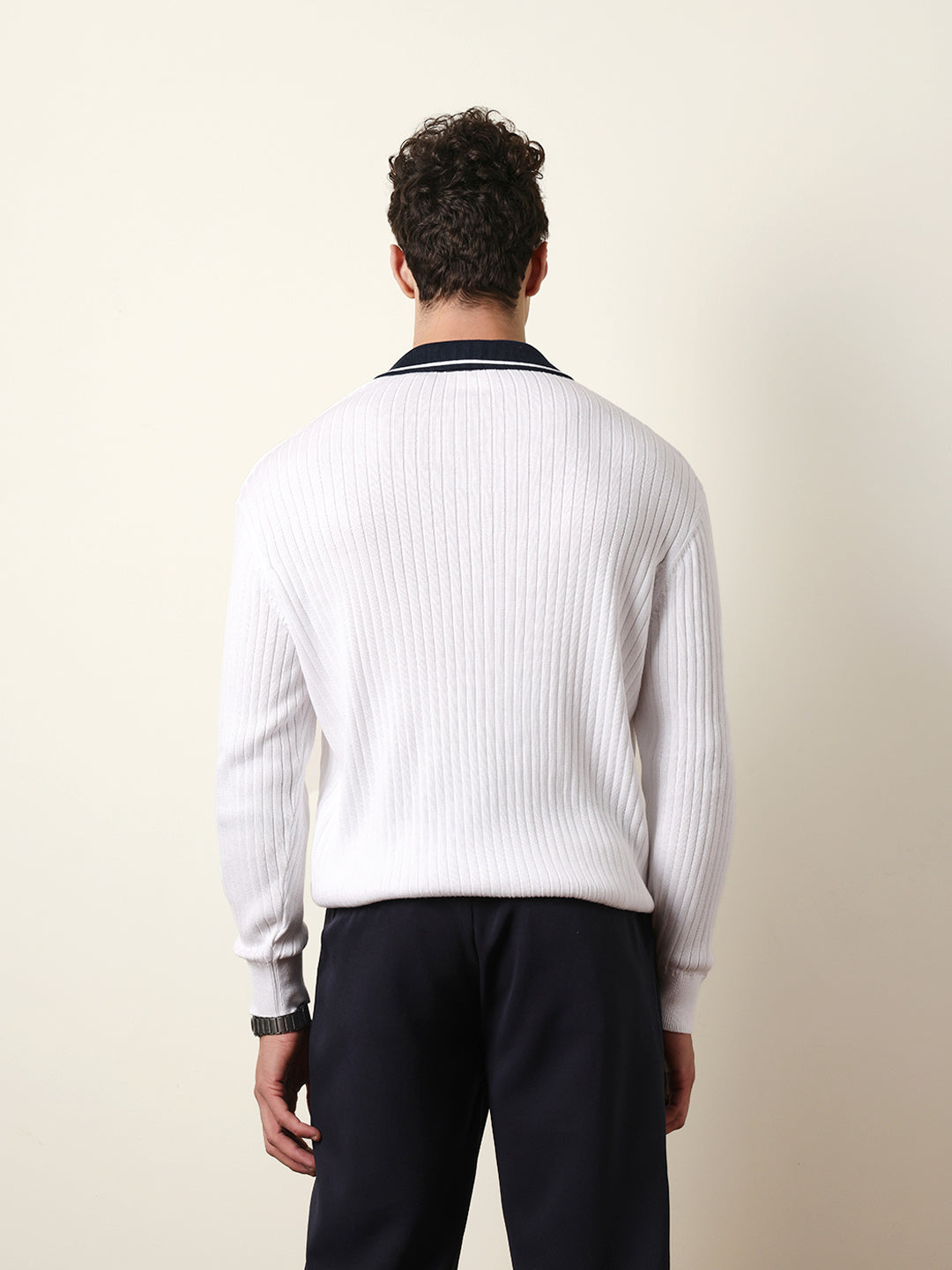 Men White Full Sleeve Polo T-Shirt