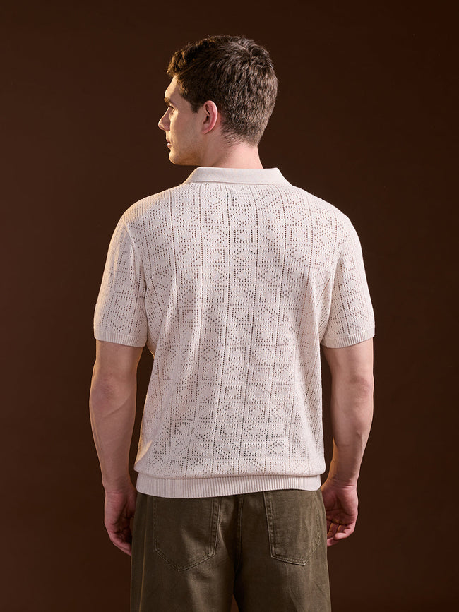 Men Beige Perforated Texture Design Slim Fit Polo