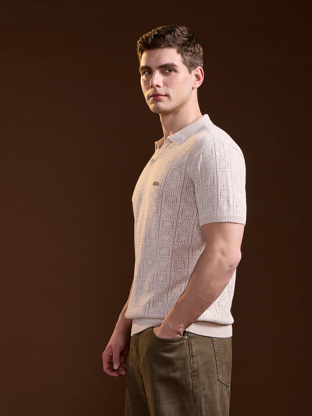 Men Beige Perforated Texture Design Slim Fit Polo