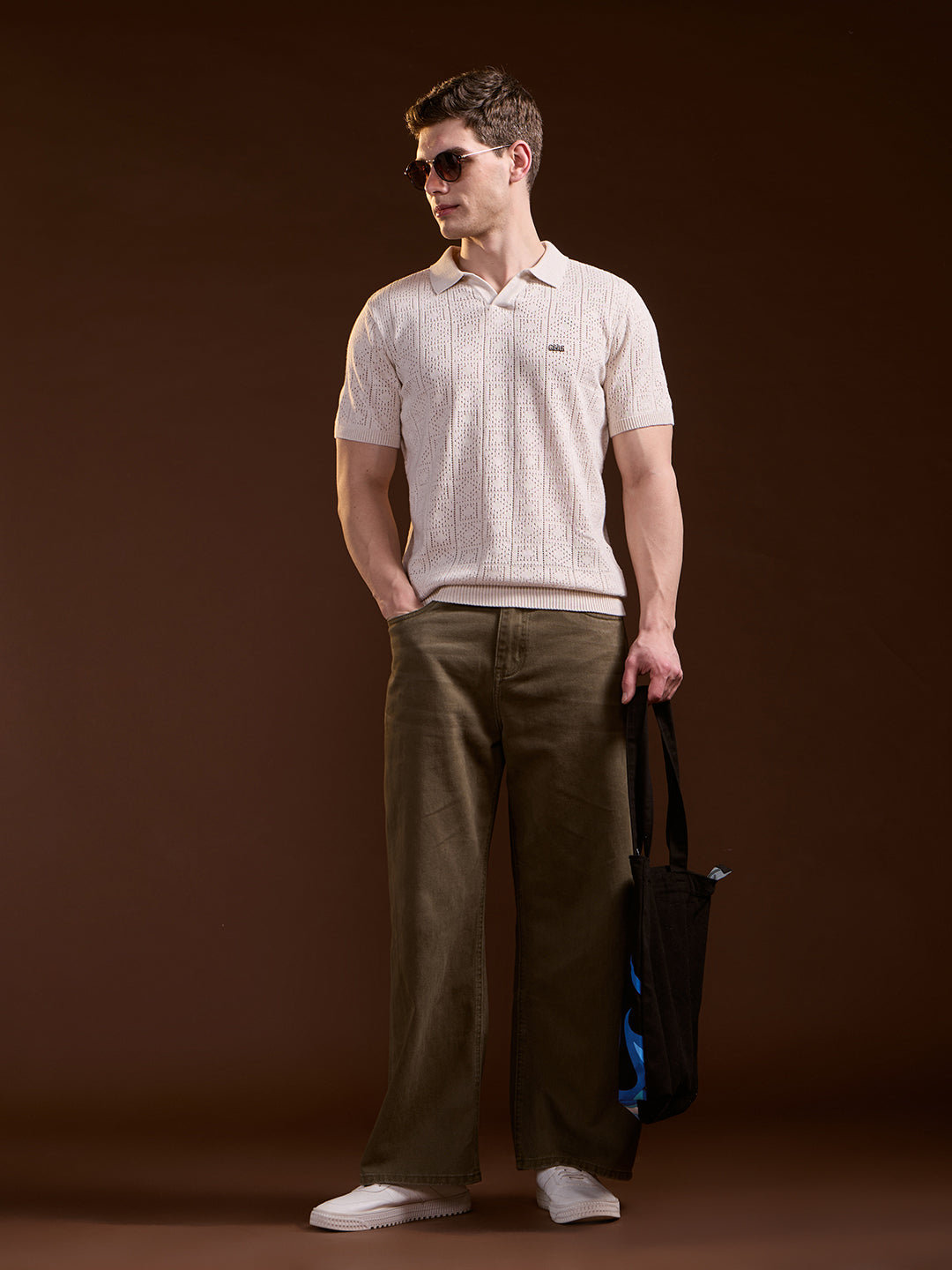 Men Beige Perforated Texture Design Slim Fit Polo