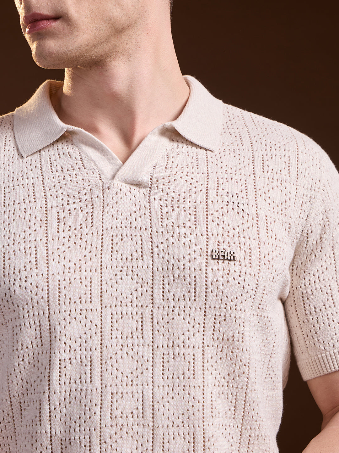 Men Beige Perforated Texture Design Slim Fit Polo