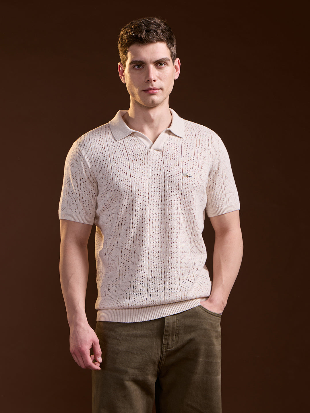 Men Beige Perforated Texture Design Slim Fit Polo