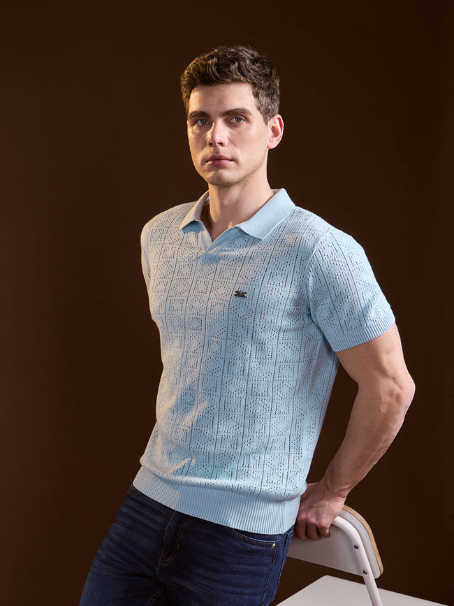 Men Sky Blue Perforated Texture Design Slim Fit Polo
