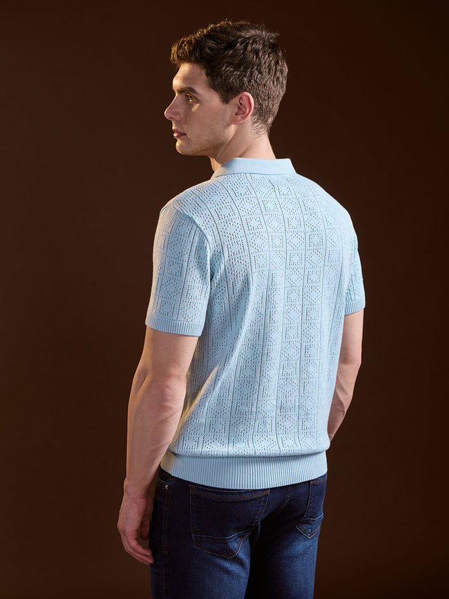 Men Sky Blue Perforated Texture Design Slim Fit Polo