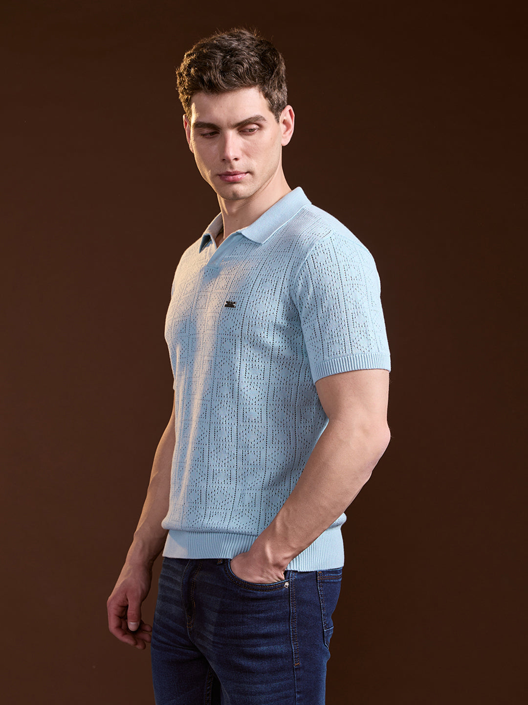 Men Sky Blue Perforated Texture Design Slim Fit Polo
