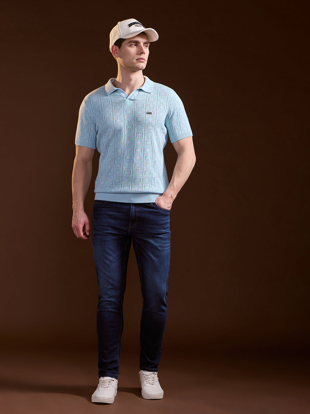Men Sky Blue Perforated Texture Design Slim Fit Polo