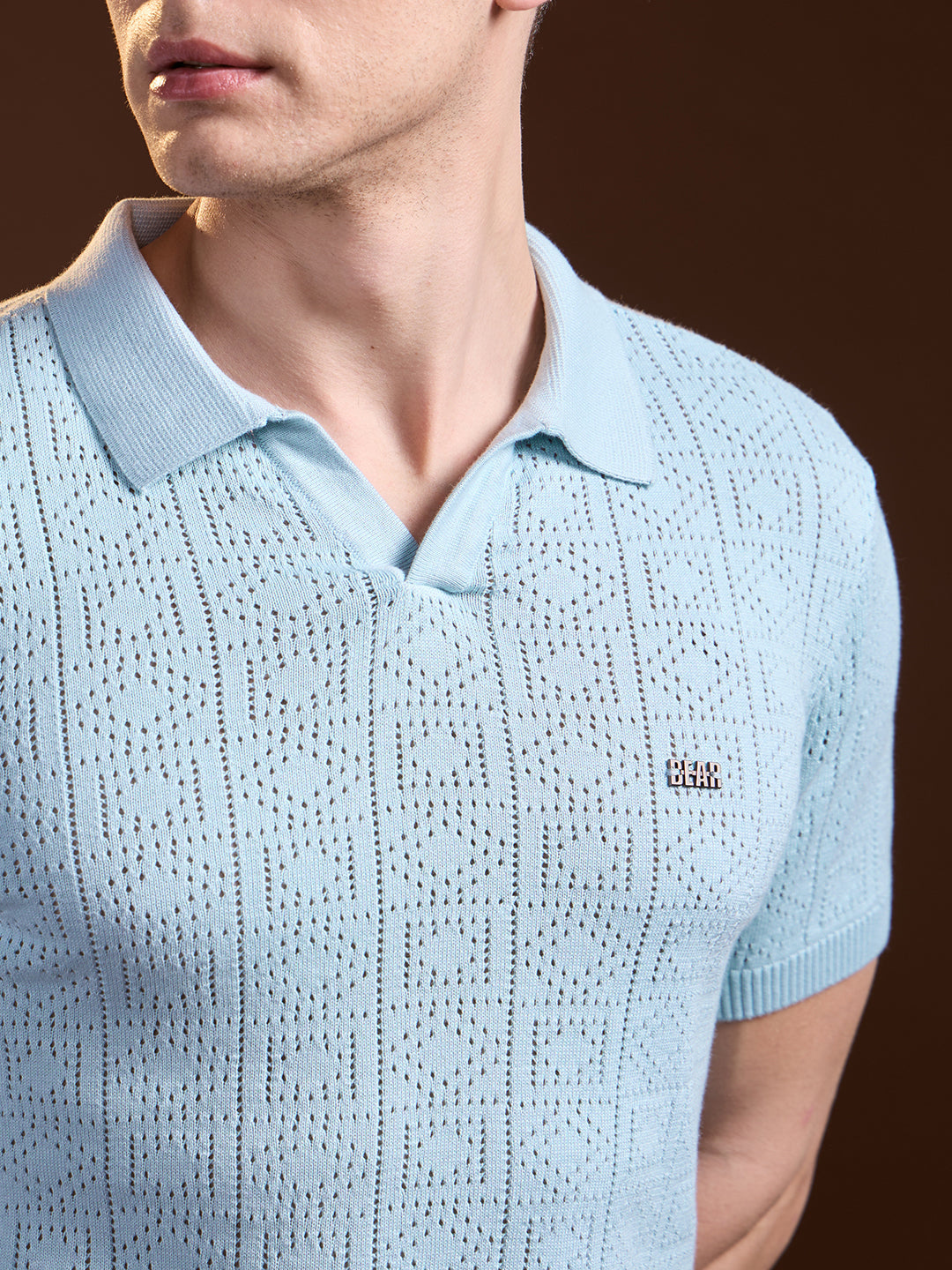 Men Sky Blue Perforated Texture Design Slim Fit Polo