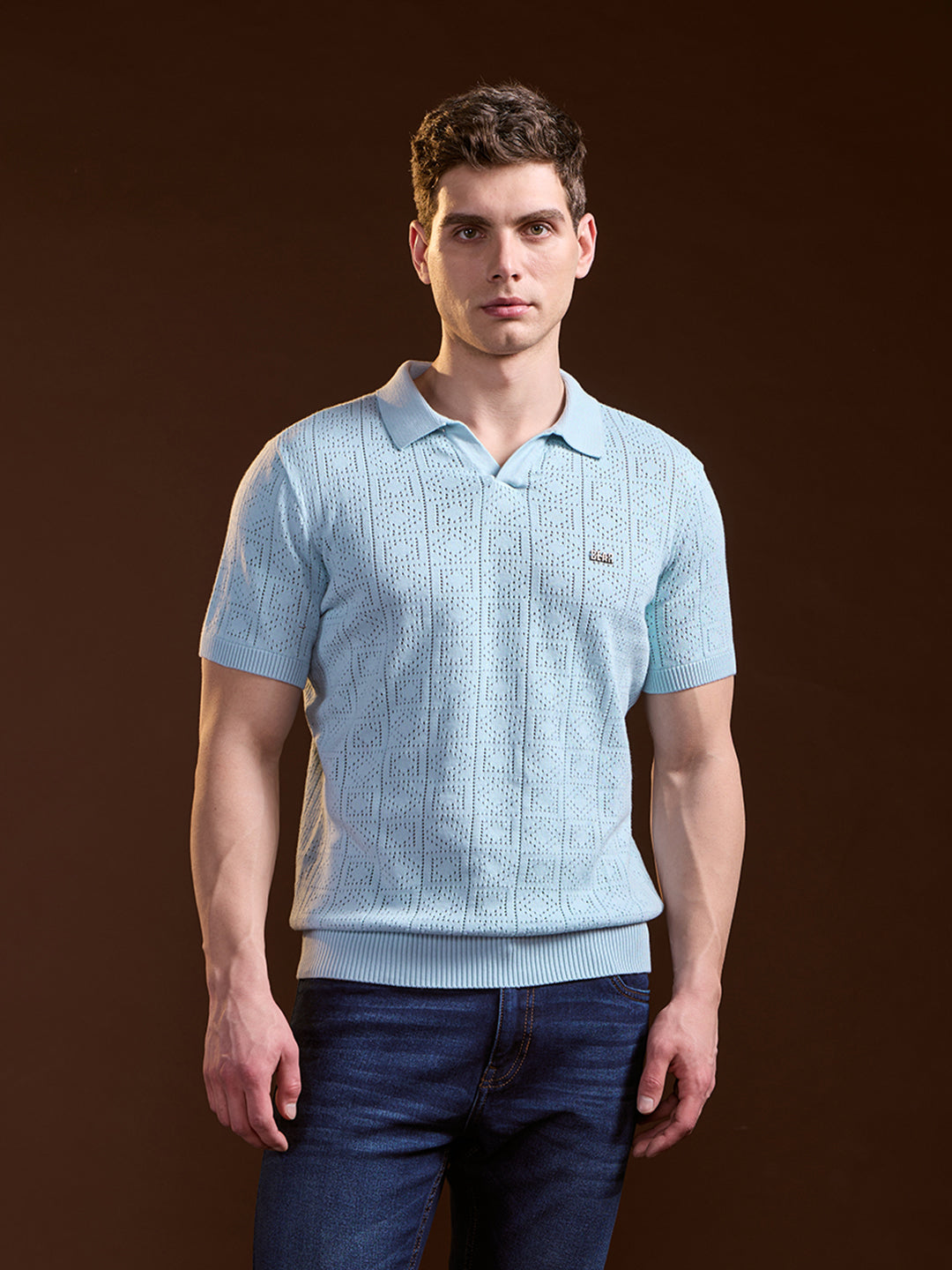 Men Sky Blue Perforated Texture Design Slim Fit Polo