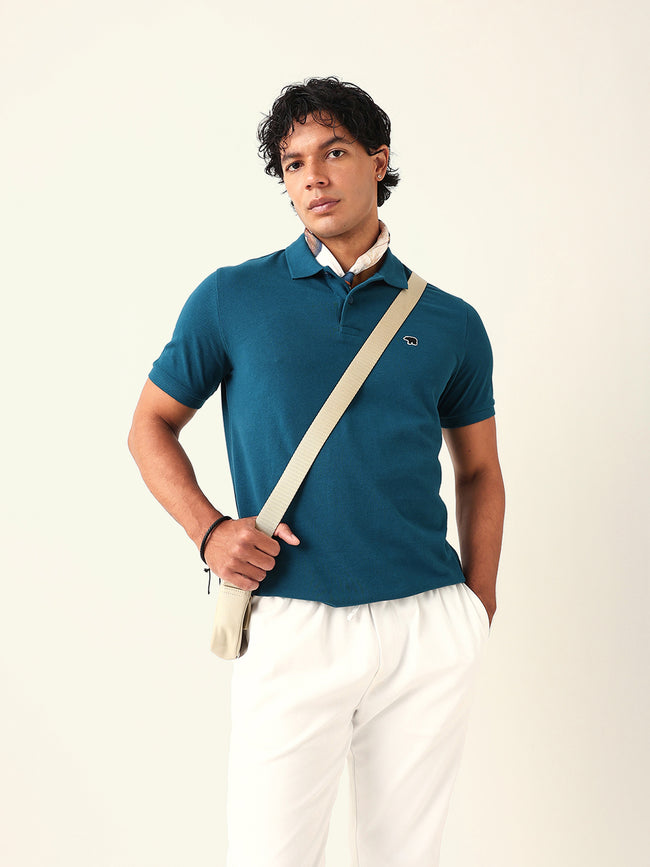 Men Teal Solid Cotton T-Shirt