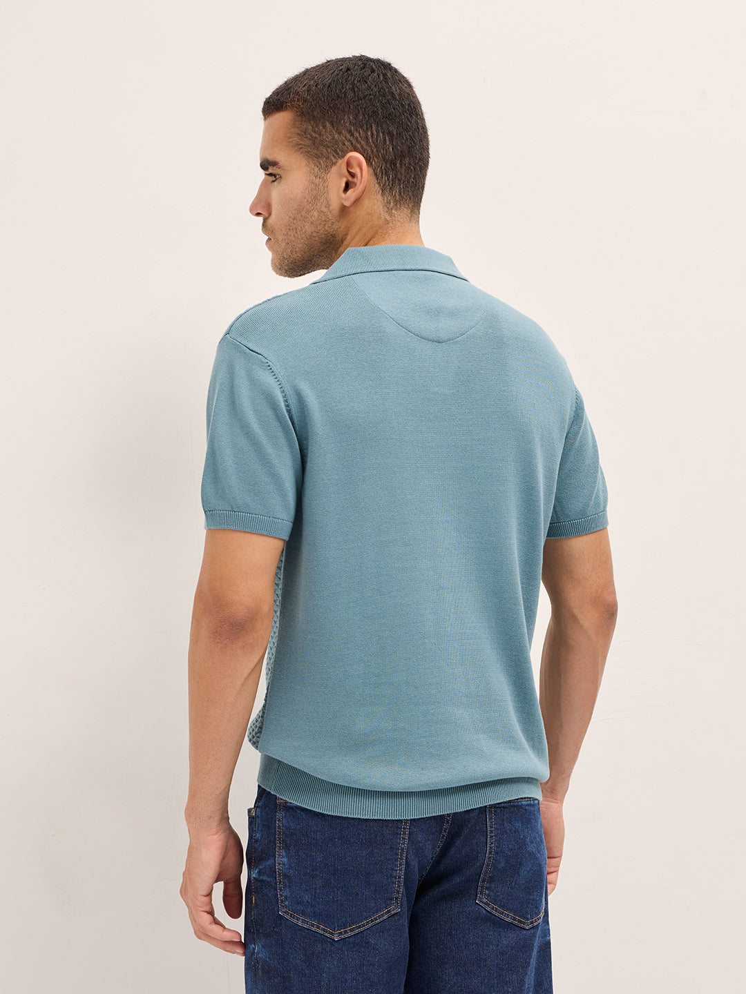 Men Blue Geometric Texture Slim Fit Polo
