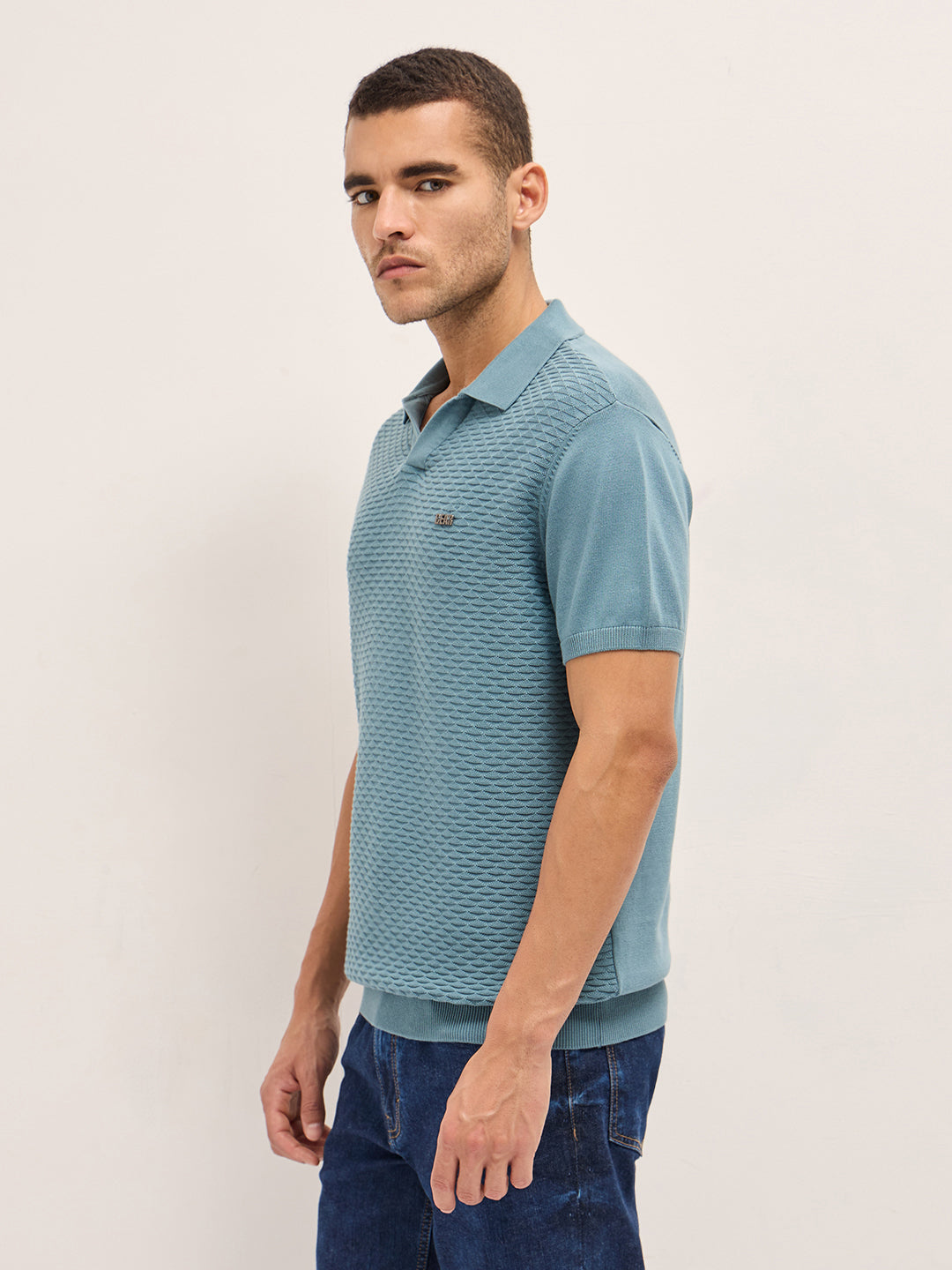 Men Blue Geometric Texture Slim Fit Polo