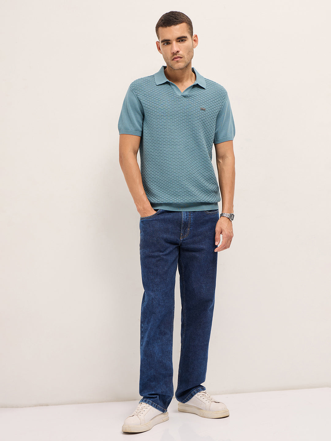 Men Blue Geometric Texture Slim Fit Polo