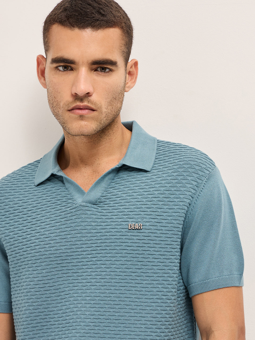 Men Blue Geometric Texture Slim Fit Polo