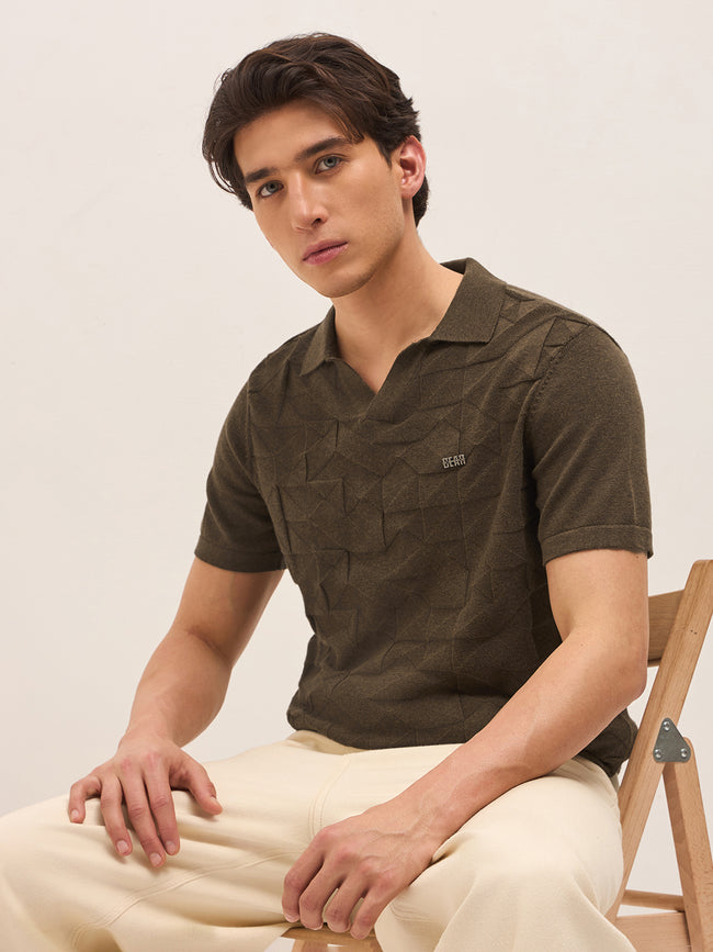 Men Brown Self Design Cotton T-Shirt
