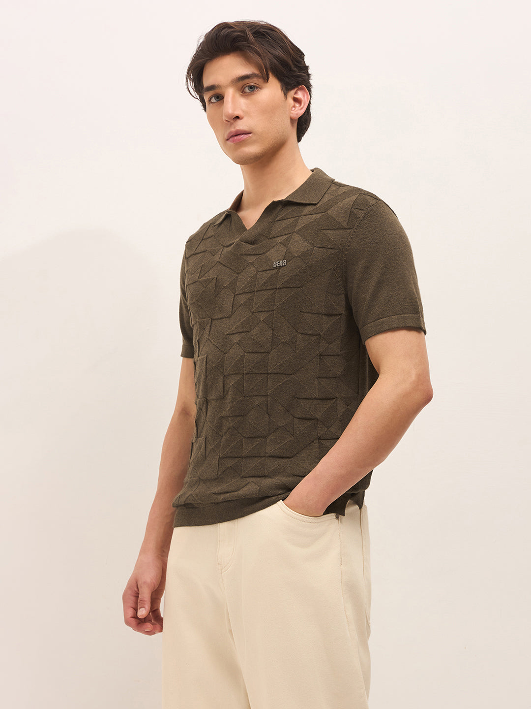 Men Brown Self Design Cotton T-Shirt