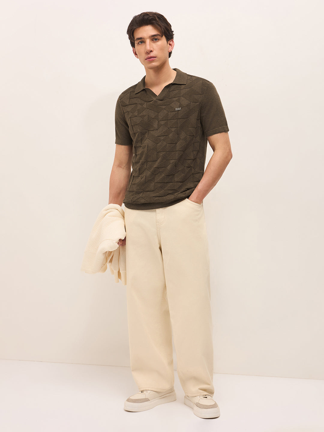 Men Brown Self Design Cotton T-Shirt
