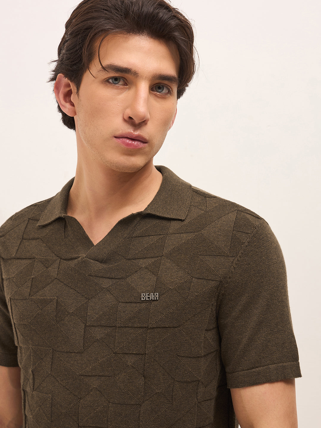 Men Brown Self Design Cotton T-Shirt