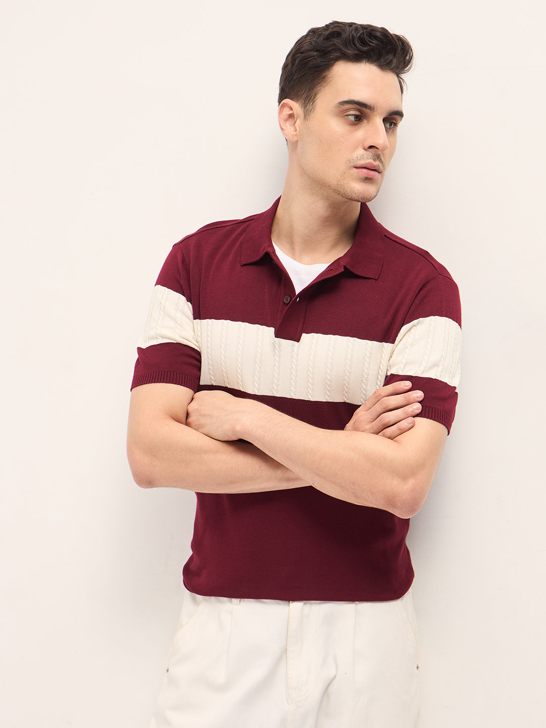 Men Maroon Cable-Knit Textured Stripe Slim Fit Polo