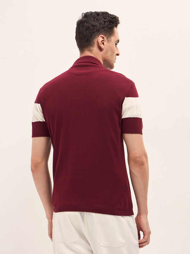 Men Maroon Cable-Knit Textured Stripe Slim Fit Polo