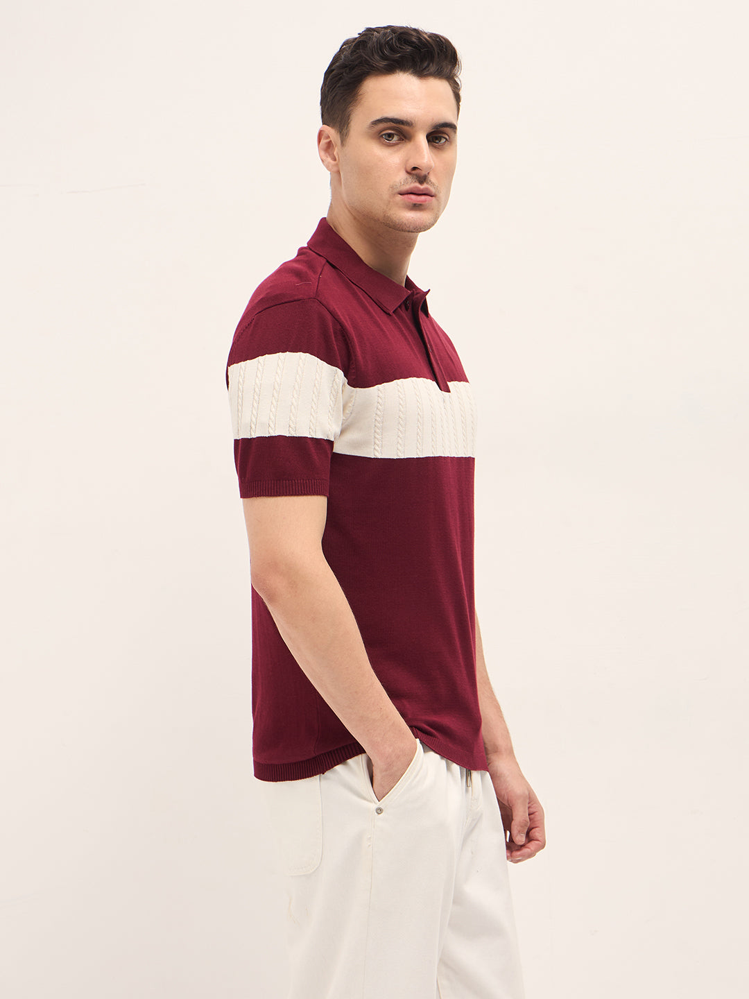 Men Maroon Cable-Knit Textured Stripe Slim Fit Polo