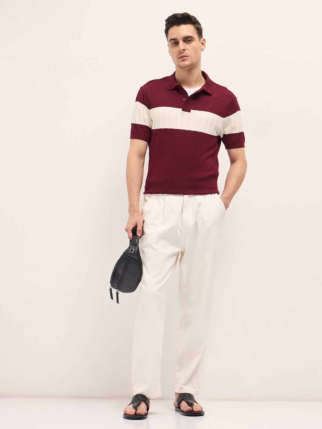 Men Maroon Cable-Knit Textured Stripe Slim Fit Polo