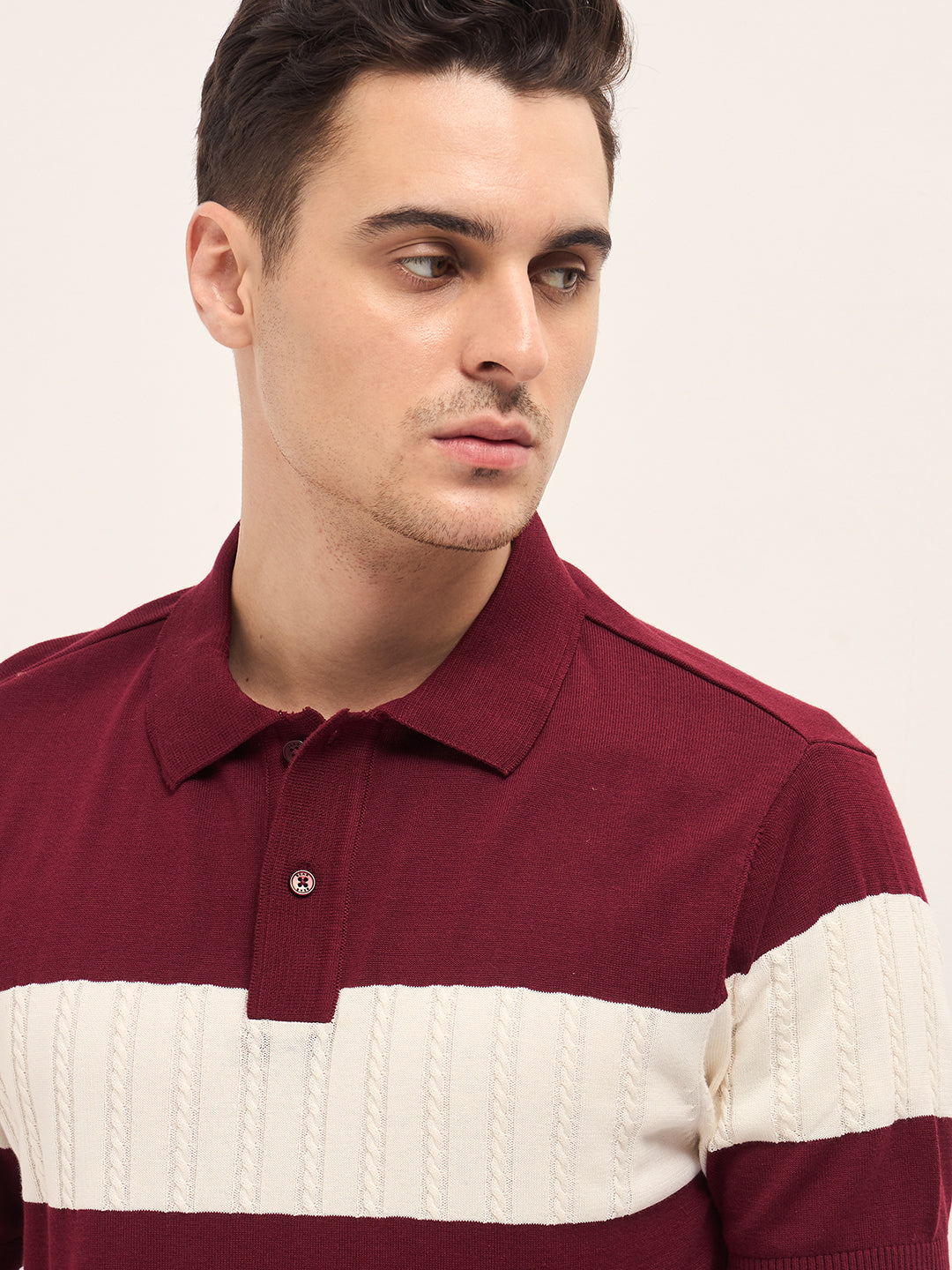 Men Maroon Cable-Knit Textured Stripe Slim Fit Polo