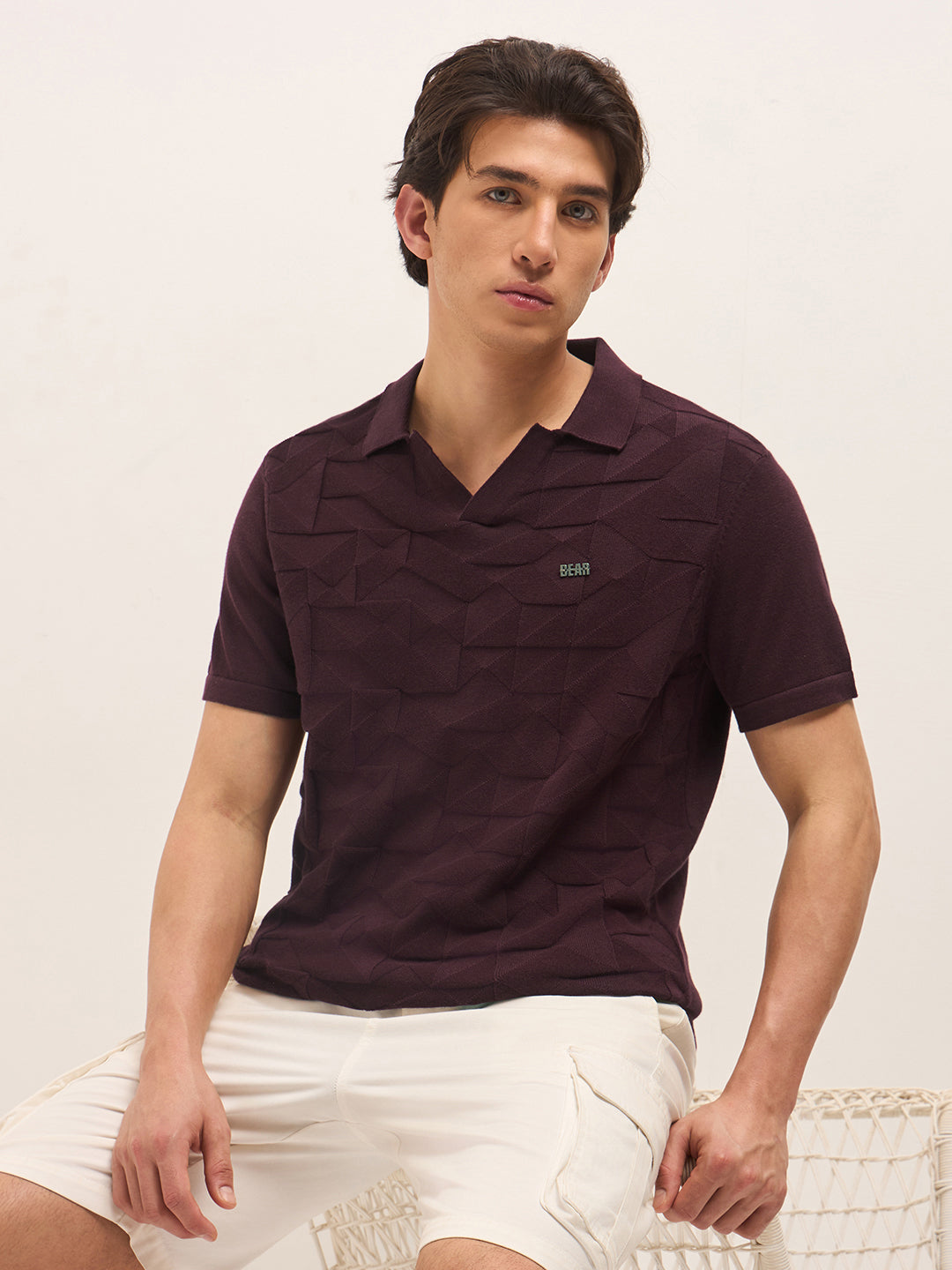 Men Maroon Self Design Cotton T-Shirt