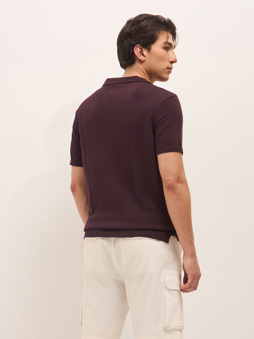 Men Maroon Self Design Cotton T-Shirt