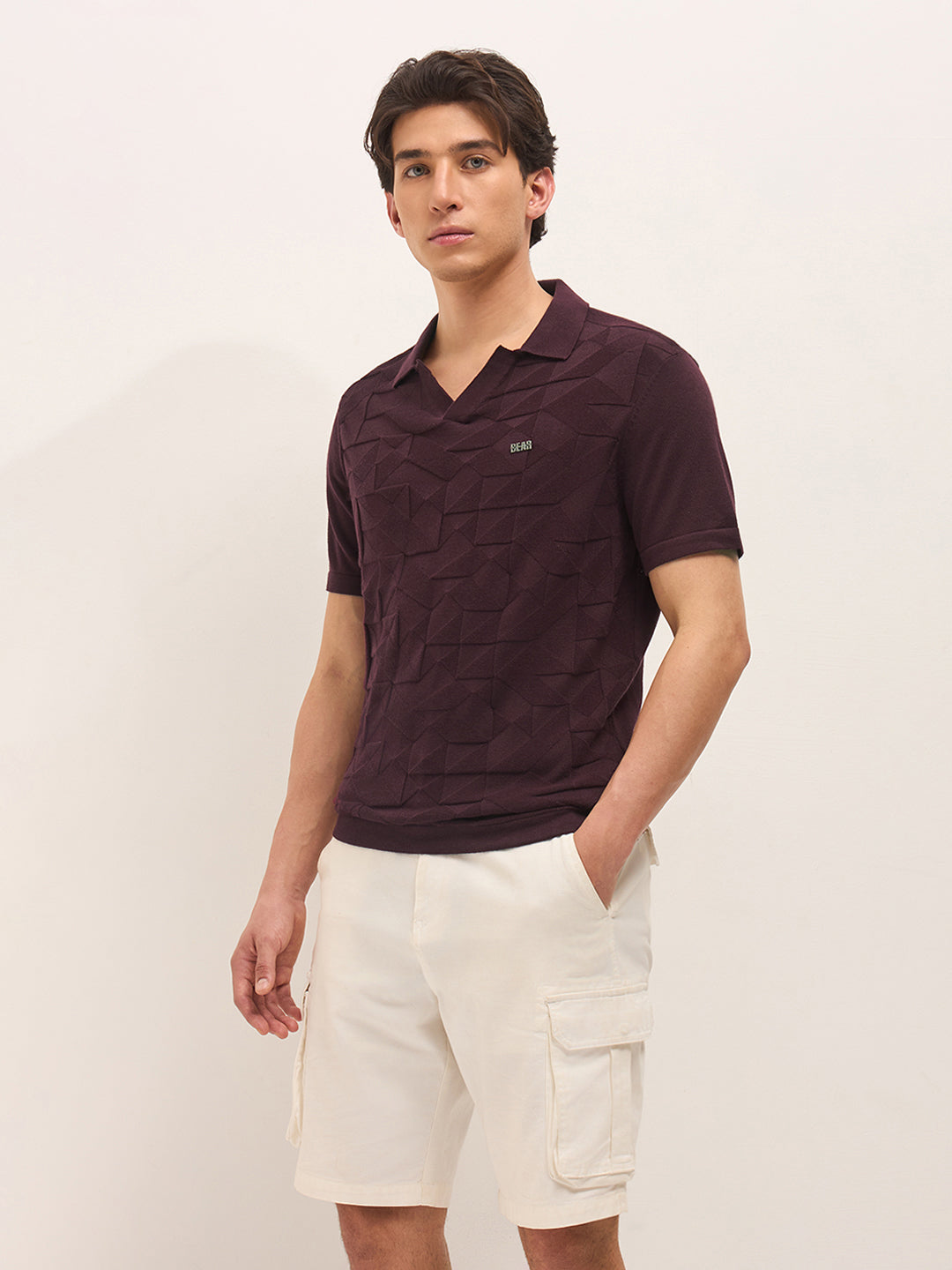Men Maroon Self Design Cotton T-Shirt