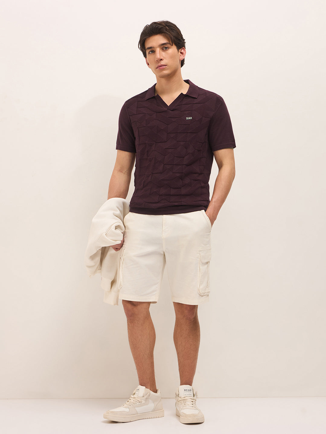 Men Maroon Self Design Cotton T-Shirt