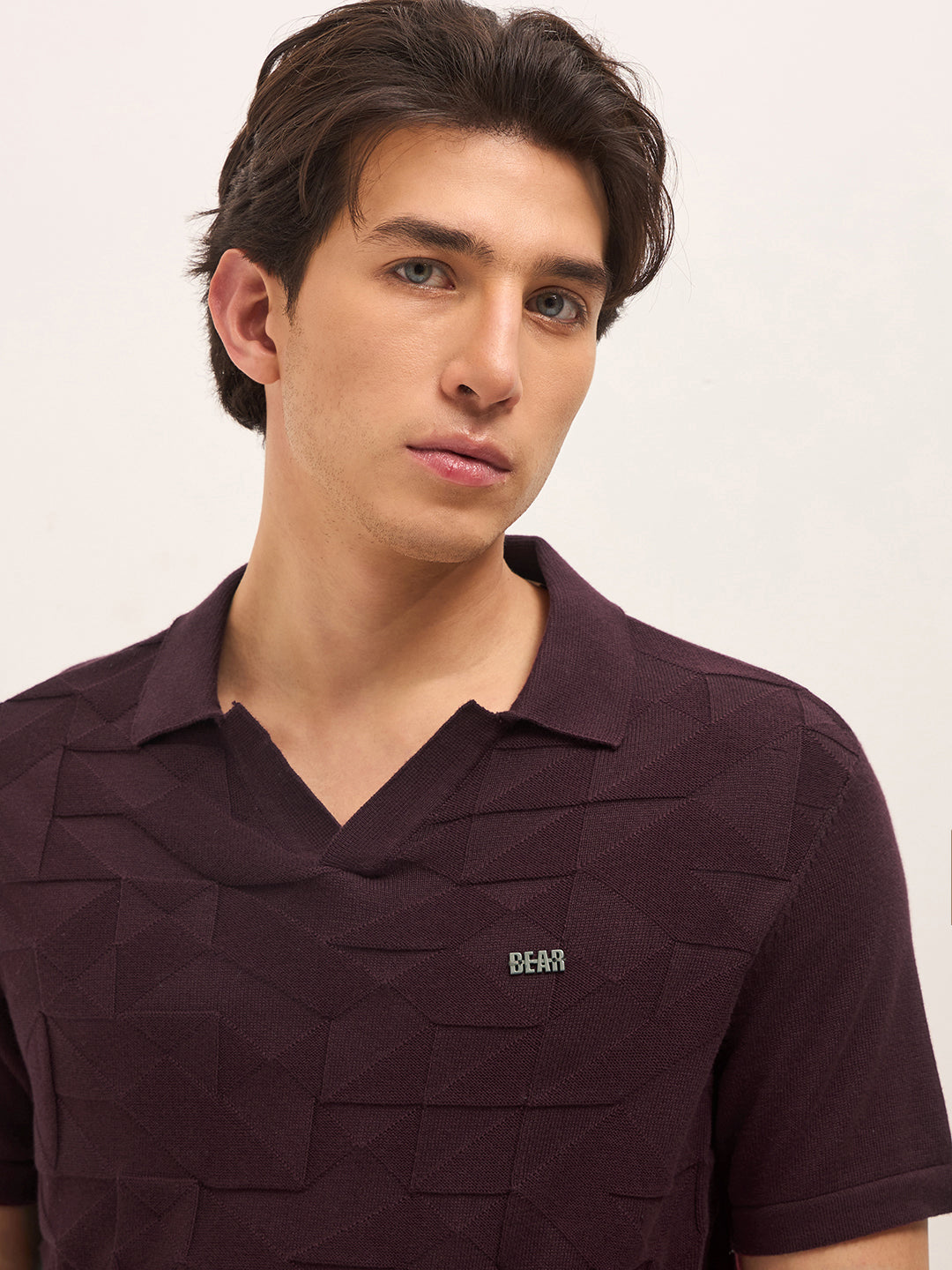 Men Maroon Self Design Cotton T-Shirt