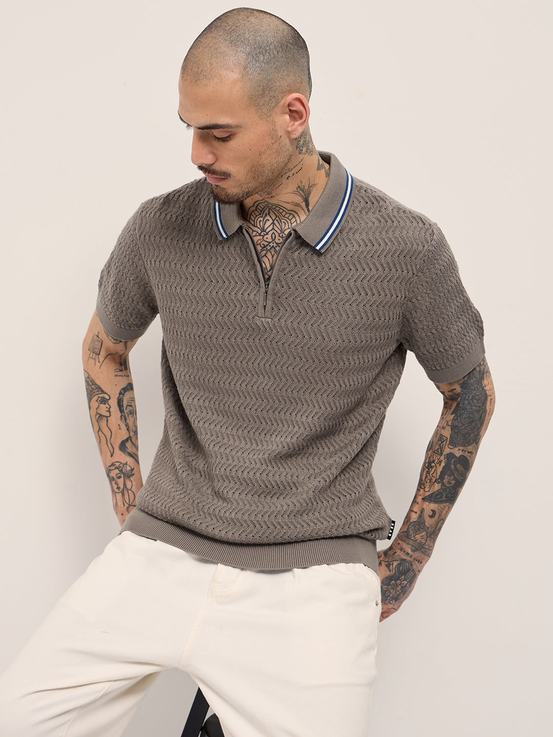 Men Grey Textured Knit Design Regular Fit Polo – FYVA