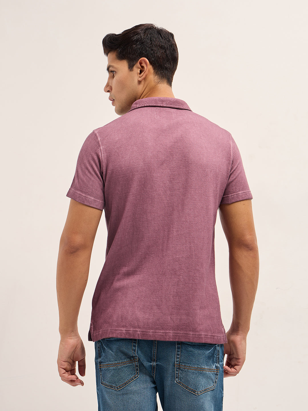 Men Pink Textured Knit Slim Fit Polo