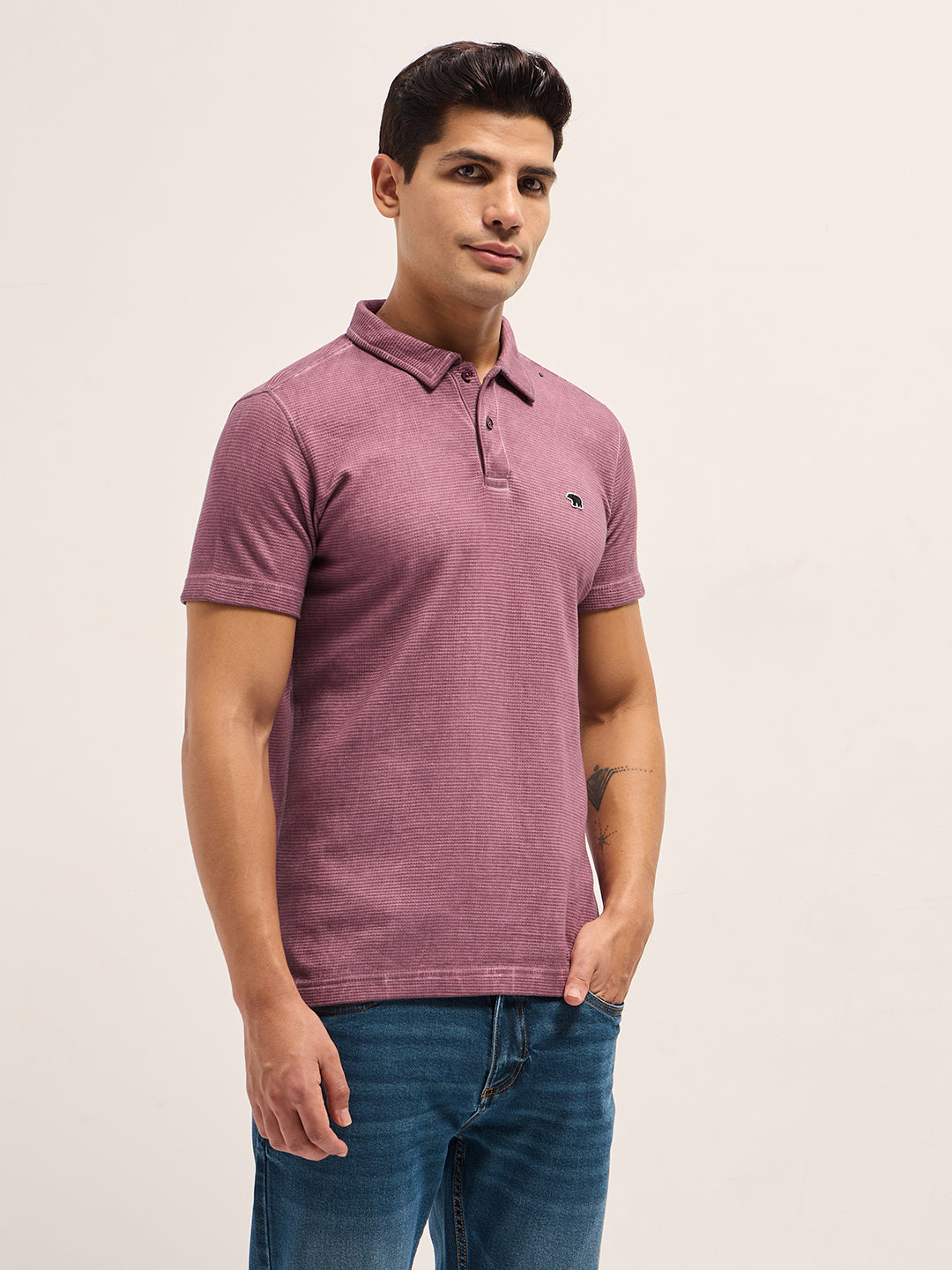Men Pink Textured Knit Slim Fit Polo