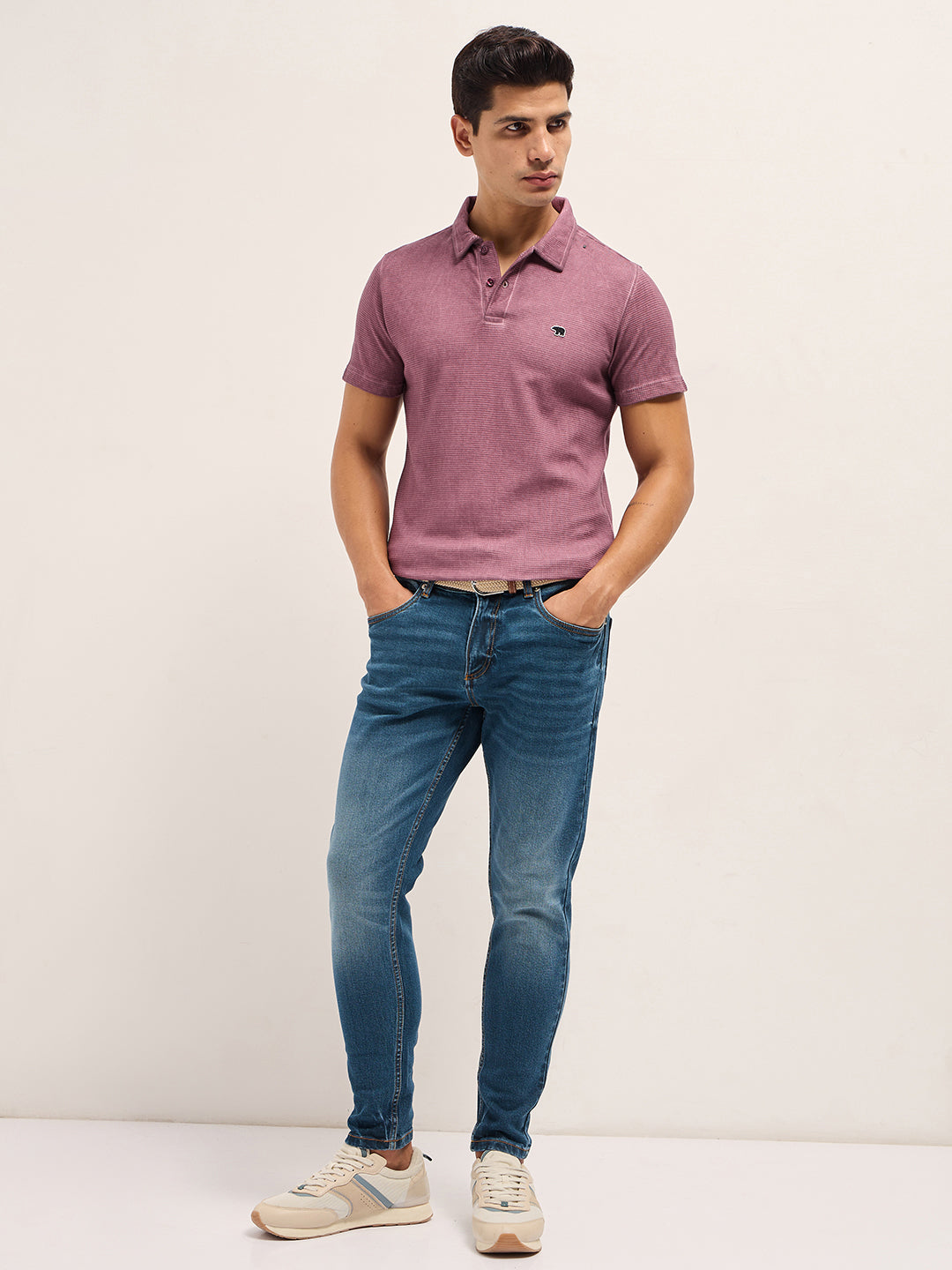 Men Pink Textured Knit Slim Fit Polo