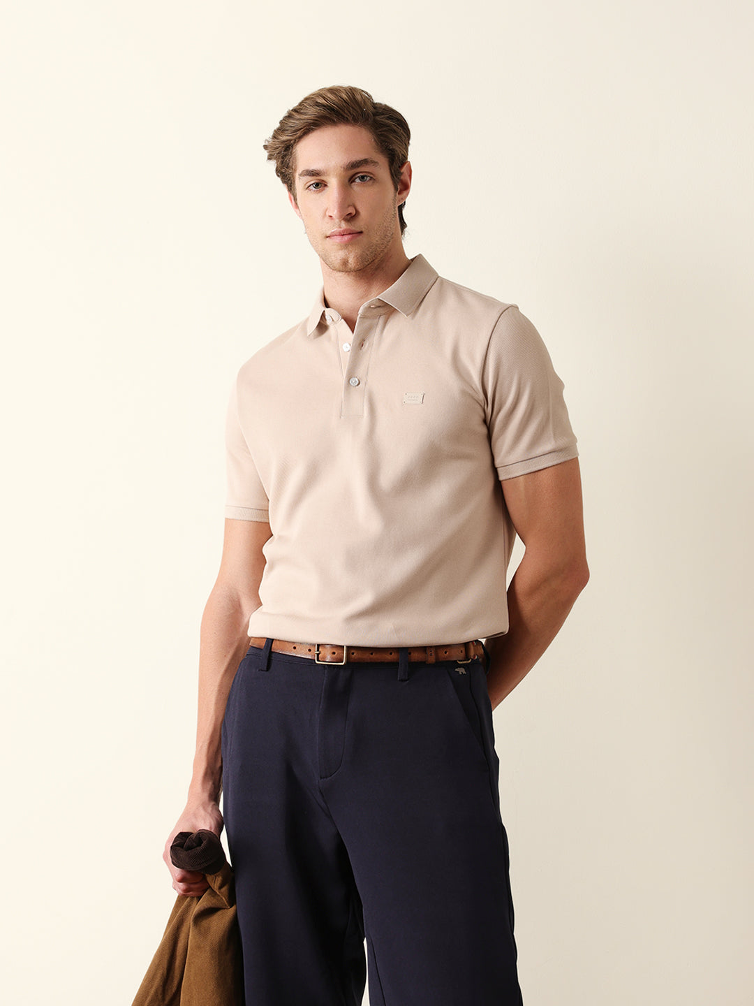 Men Beige Solid Cotton T-Shirt