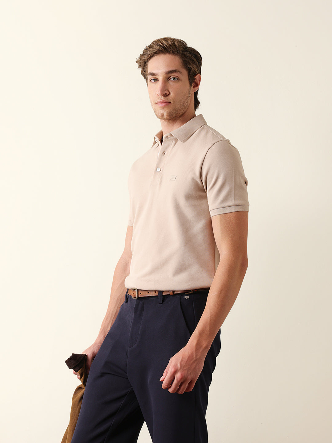 Men Beige Solid Cotton T-Shirt