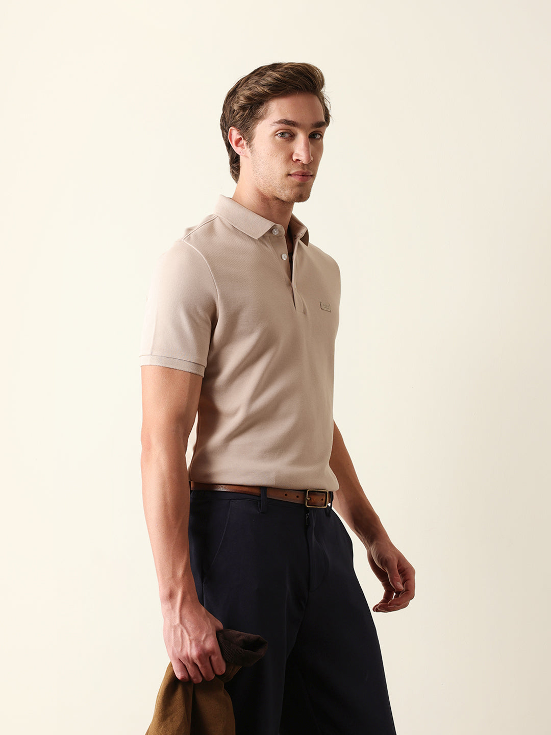Men Beige Solid Cotton T-Shirt