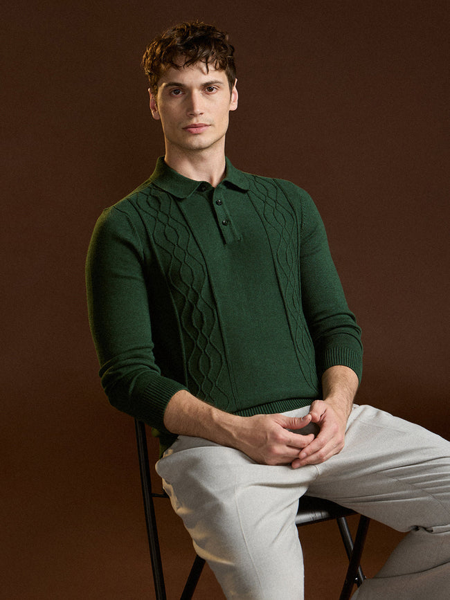 Men Dark Green Textured Geometrical Design Regular Fit Polo