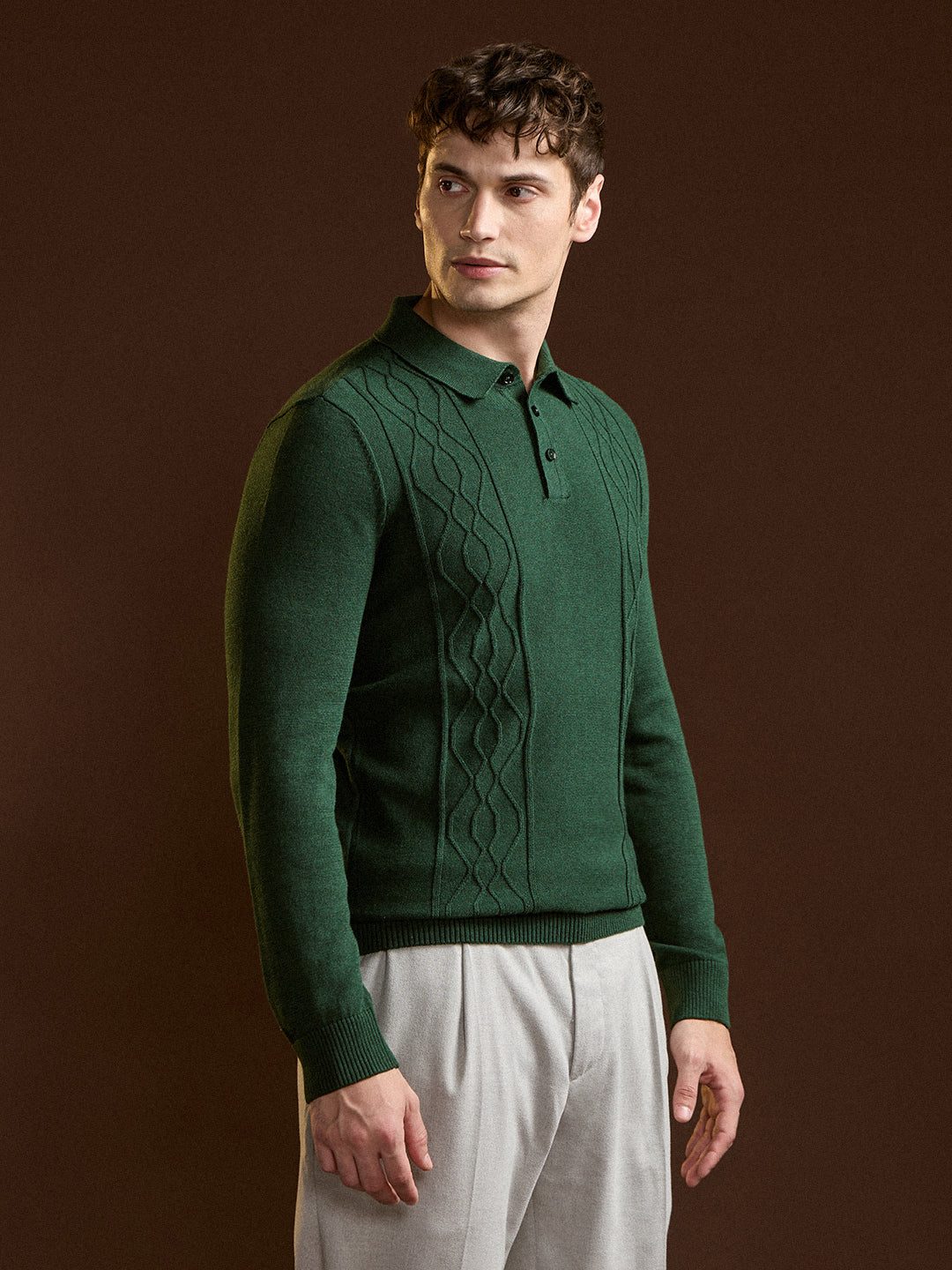 Men Dark Green Textured Geometrical Design Regular Fit Polo