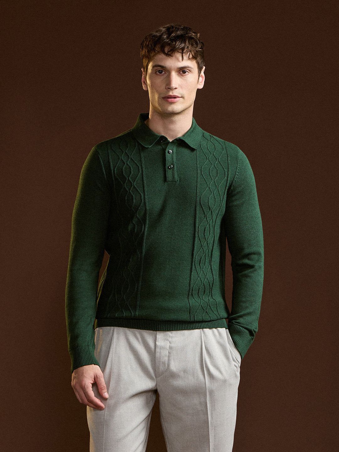 Men Dark Green Textured Geometrical Design Regular Fit Polo