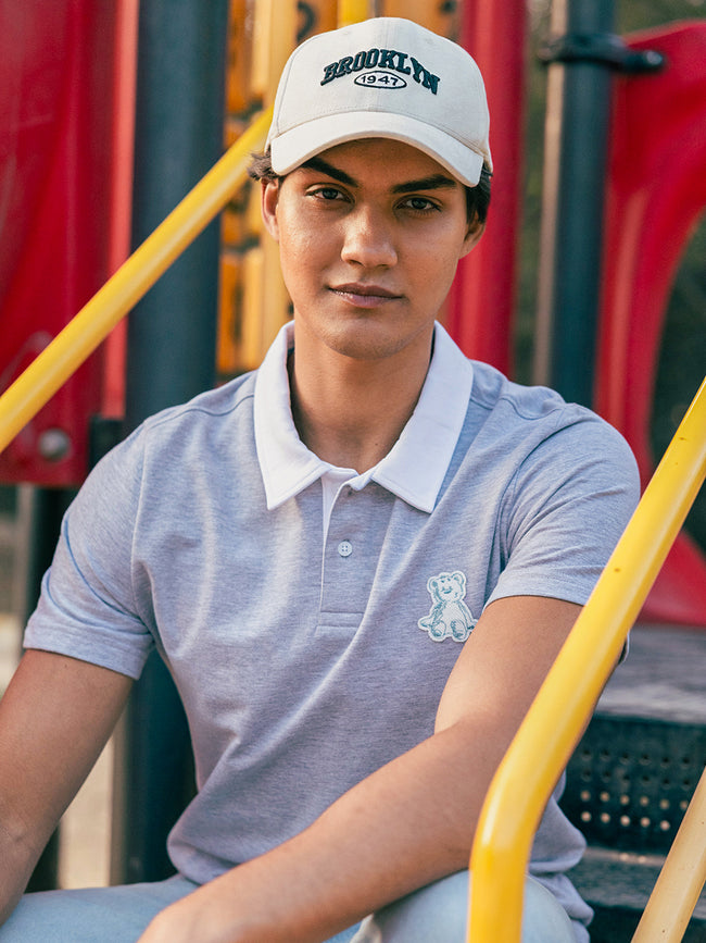 Men Grey Solid Cotton Polo T-Shirt